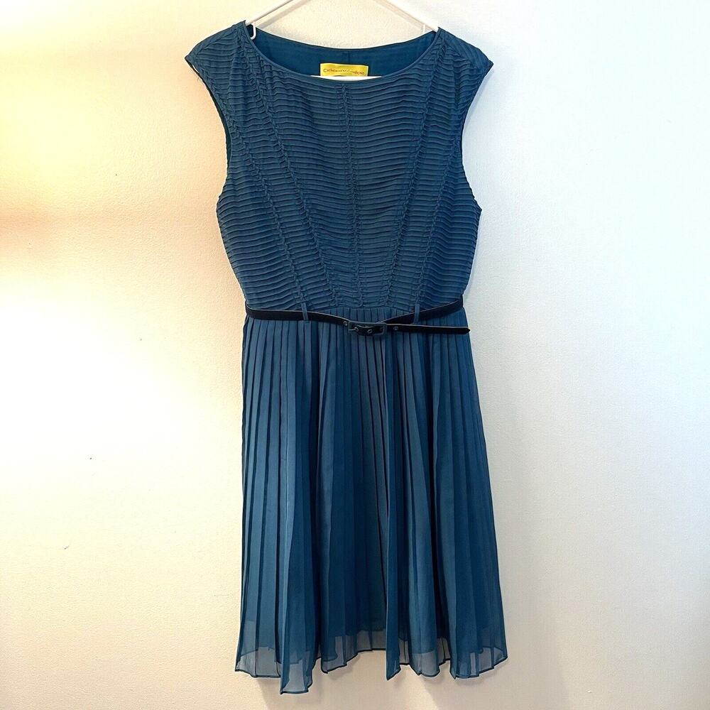 Catherine Malandrino Elli‎ Belted Teal Blue Pleated Pintuck Silk Blend Dress 6
